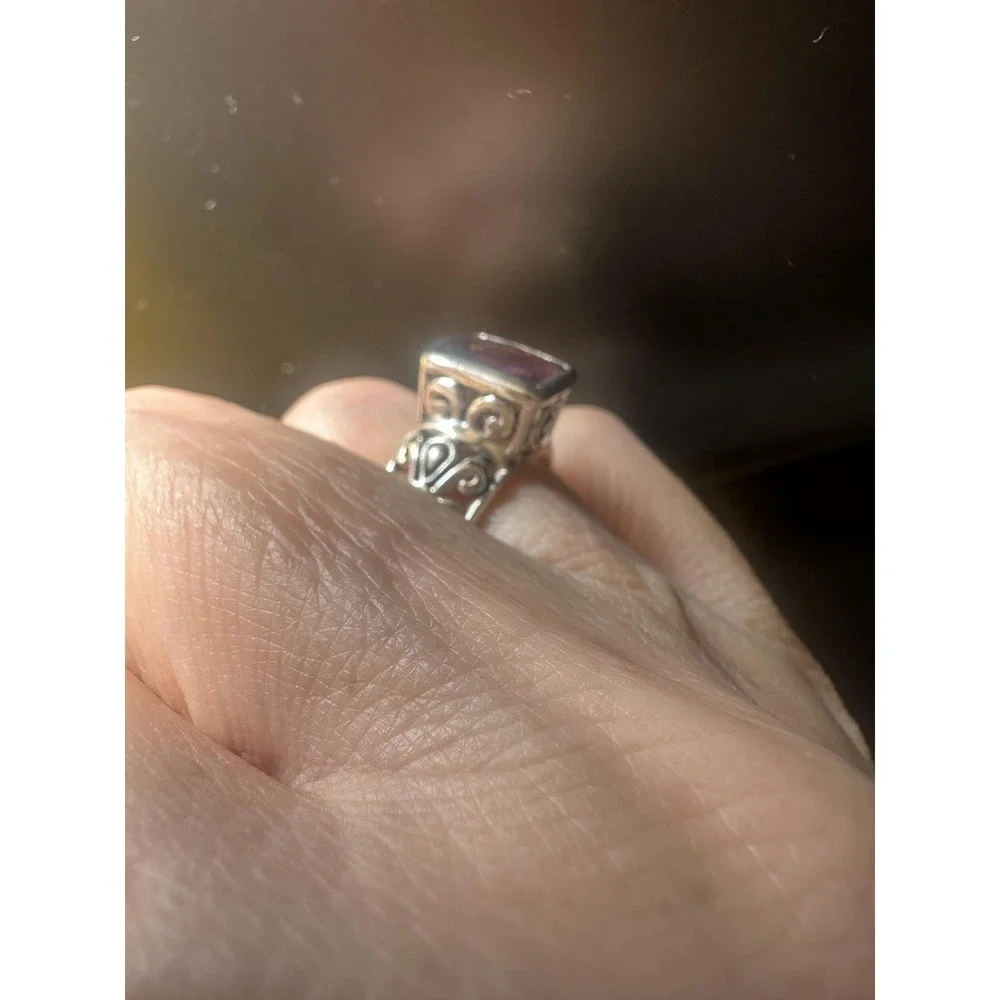VTG 925 Sterling Silver Amethyst Ring Womens‎ Cushion Bezel Filigree Bali Style
